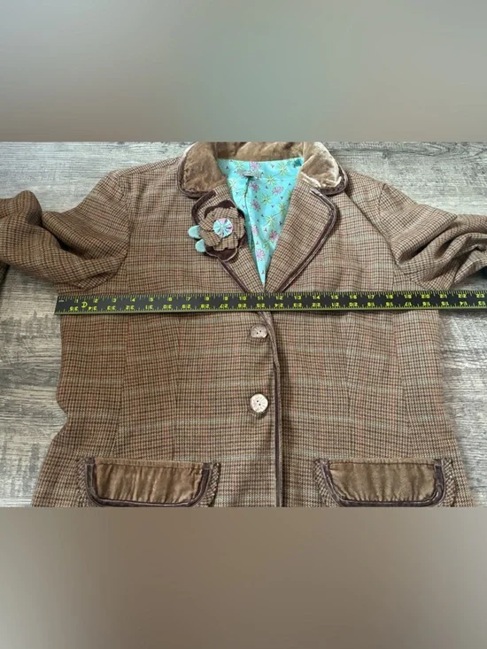 J Jill Blazer Jacket 12 Houndstooth Wool Blend Velvet Trim Boho Flower Child Y2K - Picture 13 of 15